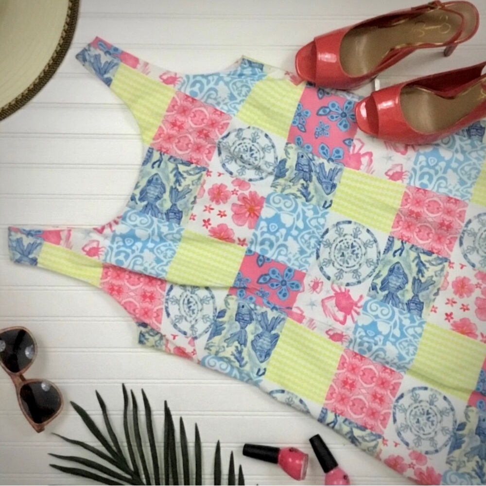 Kaeli Smith Resort Wear Sleeveless Patchwork Print Shift Dress. - Picture 3 of 11